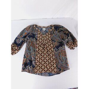 Blouse Womens M Blue Paisley V-Neck Puff Sleeve Rayon Button Front Top
